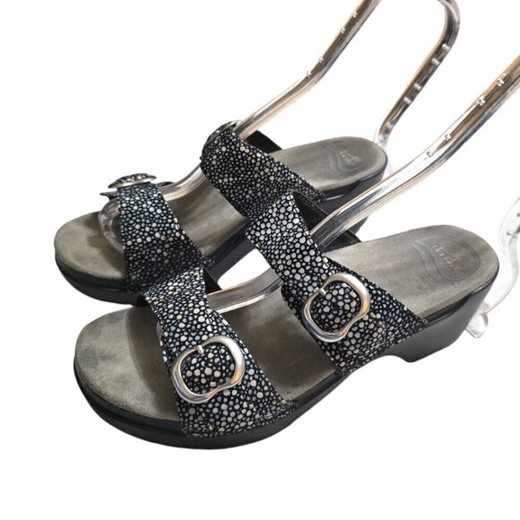 Dansko Sophie Black Shagreen Open Toe Wedge Sandals Sz 8M - Picture 1 of 7